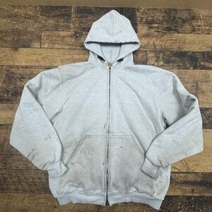 Carhartt Mens Grey Full Zip Hooded Sweatshirt Workwear Size L Cooked Distressed